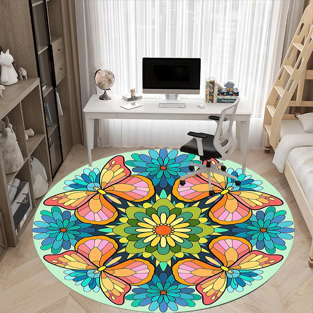 1pc Butterfly Flowers Office Round Area Rug, Under Office Chairs Bedroom Living Room Home Decor, Room Deco