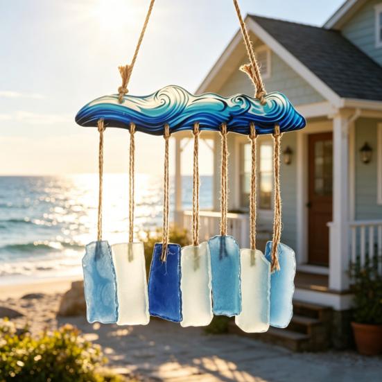 Meerglas-Windspiel für draußen Handgefertigt Meereswelle Küstenstil Hängendes Ornament für Strand Terrassen Dekoration Geschenke für Frauen