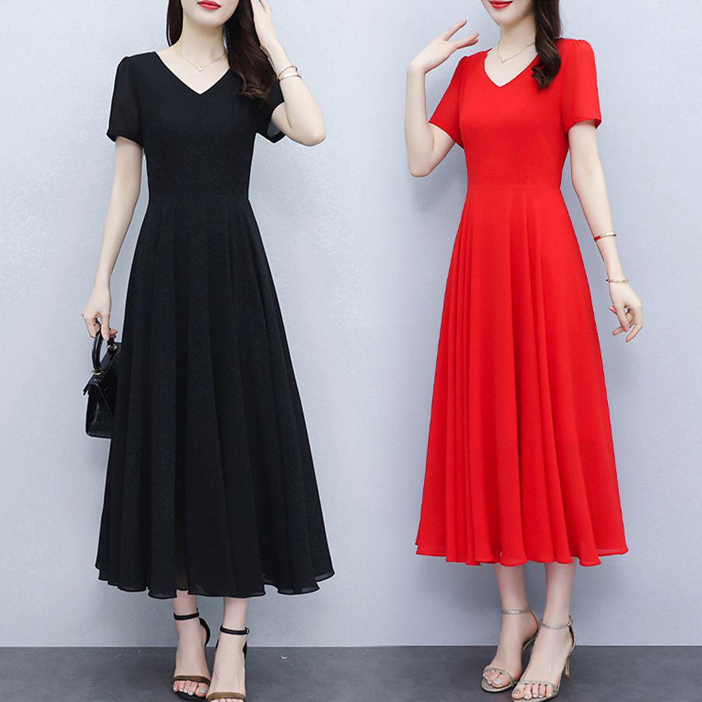 Elegant V-Neck Summer Slimming Dress with Short Sleeves