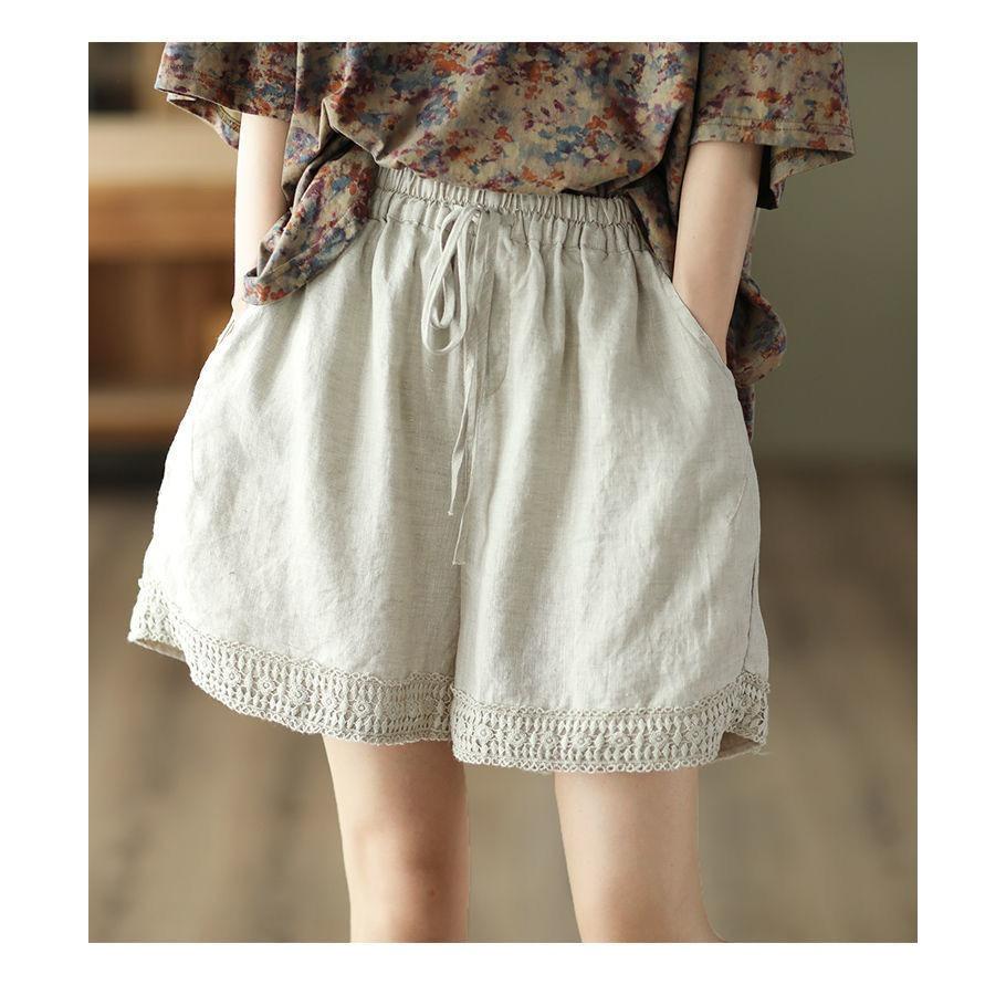 

Summer Retro Hollow Crocheted Cotton and Linen Pants Women s Literary Lace Shorts Casual Pants Slim Straight Pants Summer 4XL абрикосовий