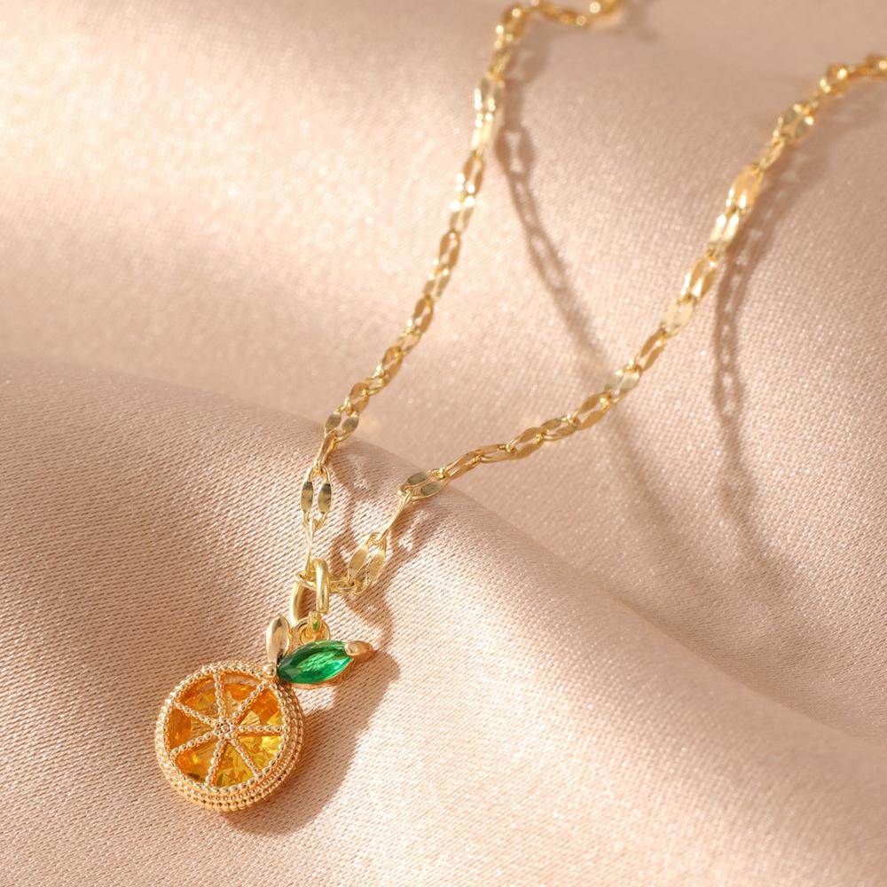 

Summer Tropical Fruit Pendant Necklace Women Collar Accessories Fashion Gold Color Stainless Steel Necklaces Trendy Zircon Gift помаранчевий