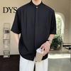 Formal Men Shirt Summer Stand Collar Ice Silk Solid Color Pleated Loose Fit Everyday Top Cardigan Half Sleeves Mid Length Casual Business Mature