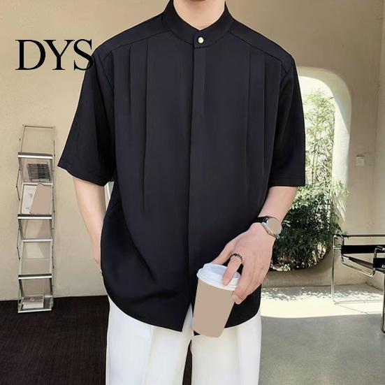 Formal Men Shirt Summer Stand Collar Ice Silk Solid Color Pleated Loose Fit Everyday Top Cardigan Half Sleeves Mid Length Casual Business Mature