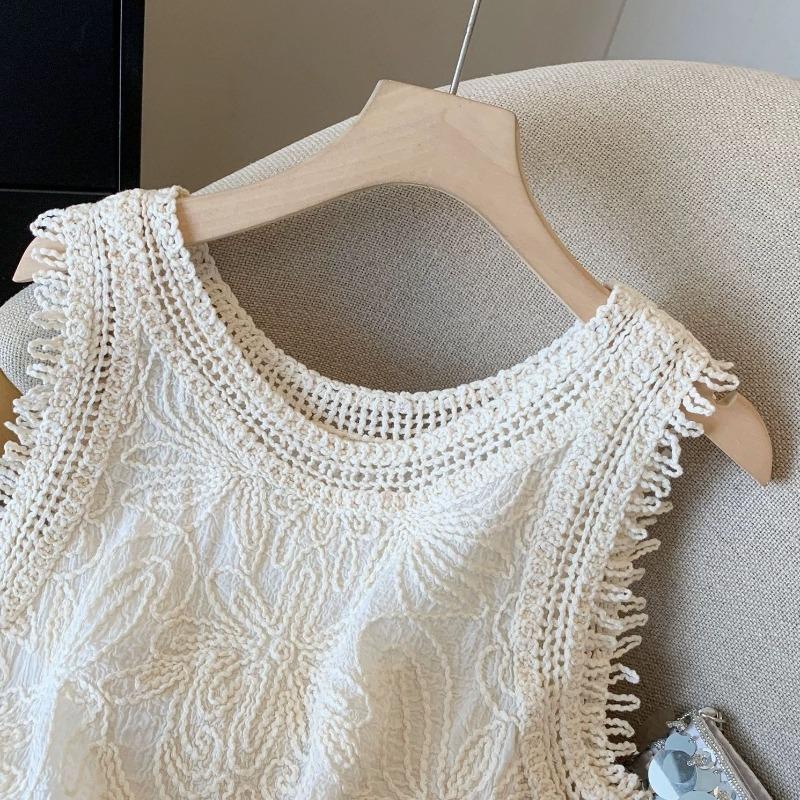 French Fringed Jacquard Knitted Vest Women's Summer Bohemian Style Outside Temperament Short Top Boho Romantic Waist Lifting Cropped Tank Top