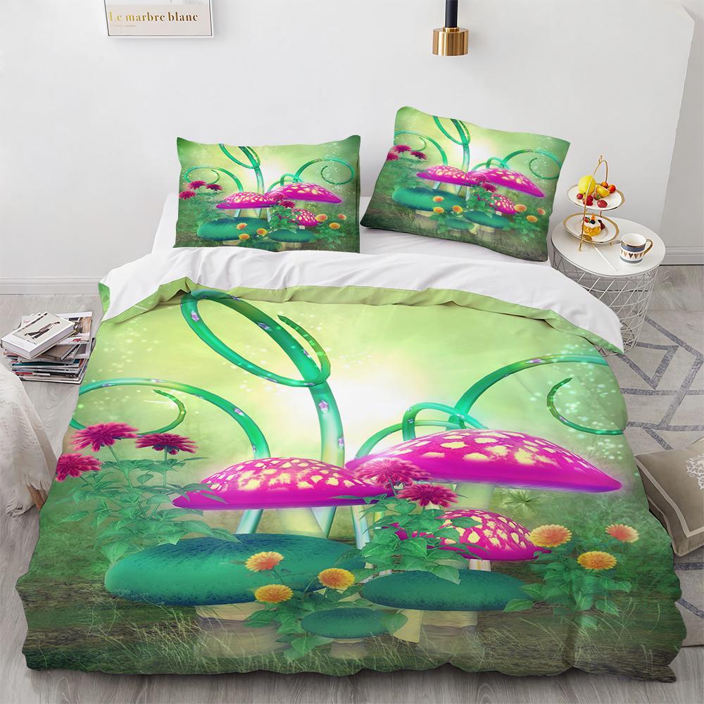Niedliches Pilzmuster Polyester Bettwäscheset Magisches Pilzhaus King Queen Full Size Bettbezugset Erwachsene Kinder Bettdeckenbezug