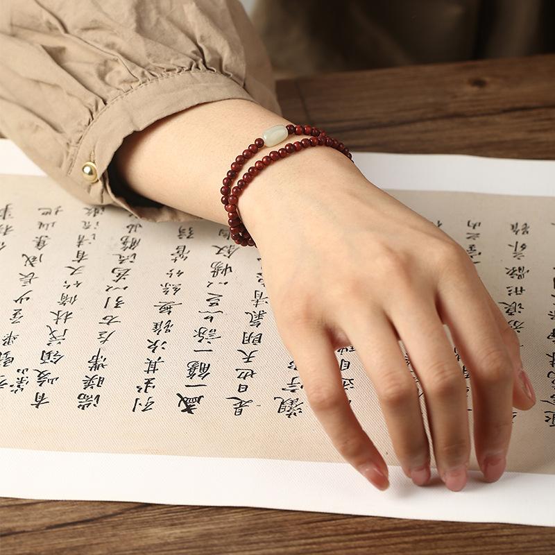 Natural Lobular Red Sandalwood Hetian Jade Beaded Double-layer Bracelet Retro Simple Literary Niche Design Personalized Jewelry Women