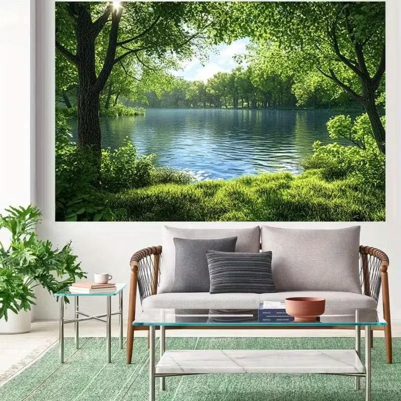 2D Summer Nature Tapestry Peaceful Lake View with Lush Forest Wall Decor