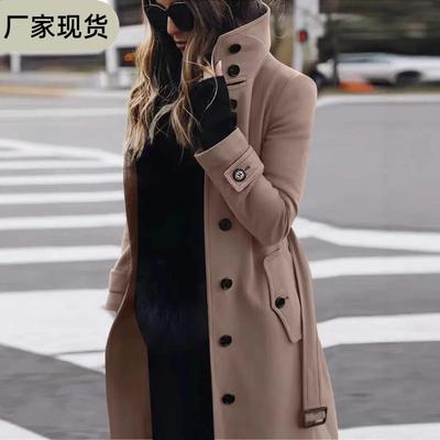 Khaki Long Trench Coat Women's Stand Collar Double Breasted Button Coat