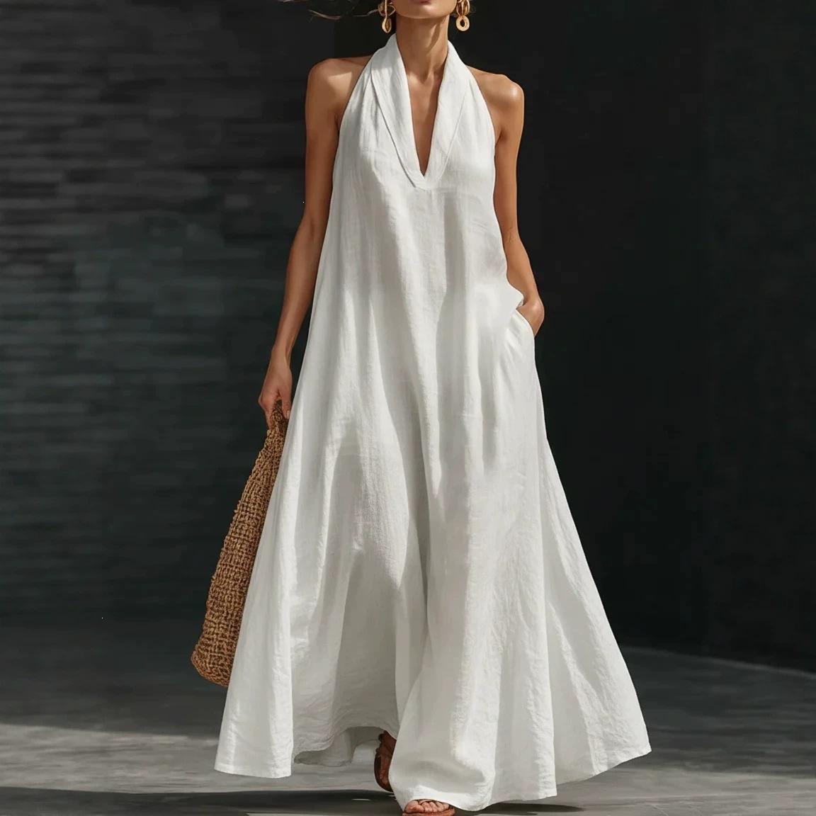 2026 summer neck V-neck cotton and linen dress, loose sleeveless vacation style pendulum long dress summer linen dress S