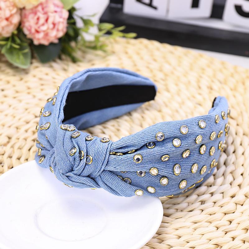 Bohemian Ethnic Denim Center Knot  Hairband With Rhinestone Knotted Headband Hair Accessories