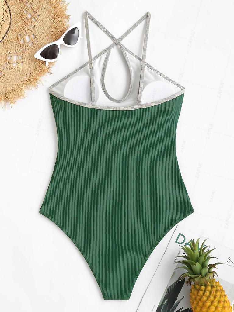 ZAFUL Ribbed Keyhole Binding Cross One-piece Swimsuit