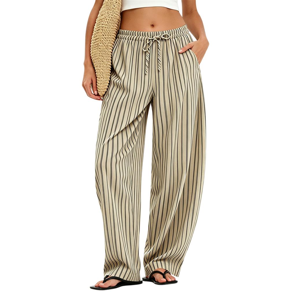 Women's Striped Straight Leg Pants with Side Pockets – Elastic Waistband Loose Fit – Linen Cotton Casual Everyday Pants