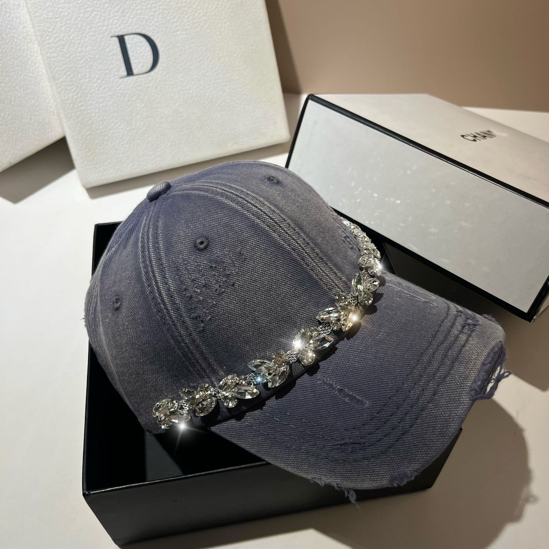 Light Luxury Rhinestone Cap Washed Cotton Ripped Baseball Cap Trendy Casual Versatile Women S Hat Adjustable
