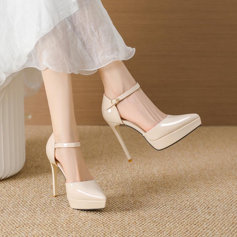 721-3 Black Patent Leather 12cm Stiletto Heels, Pointed Toe, Waterproof Platform, Fashionable Nightclub/Work Shoes for Women.