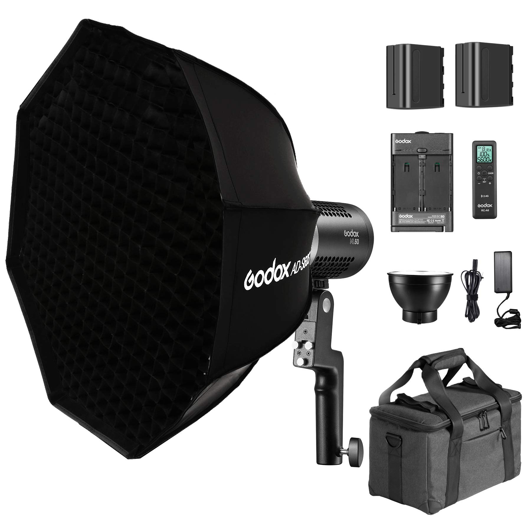 

Godox ML60 60W Power in Your Hands LED Video Light Soft Case Included 2X NP970 Lithium Battery AD-S60S RC-A6 Fernbedienung,