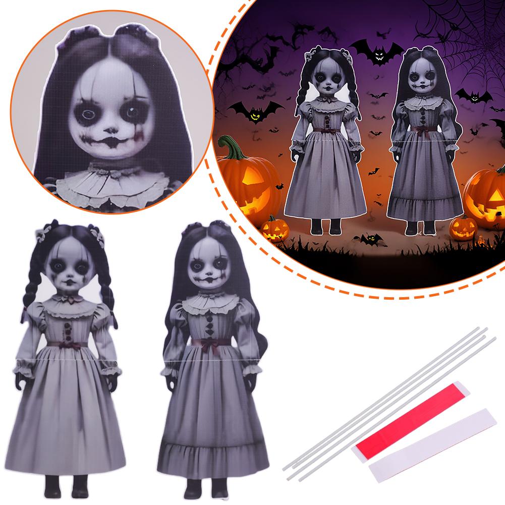 2-pack 2D Halloween-dekorationer, Läskig Spökflicka Docka Trädgårdsstolpar för Utomhusträdgård, Spökhus Markinsättningsskyltar