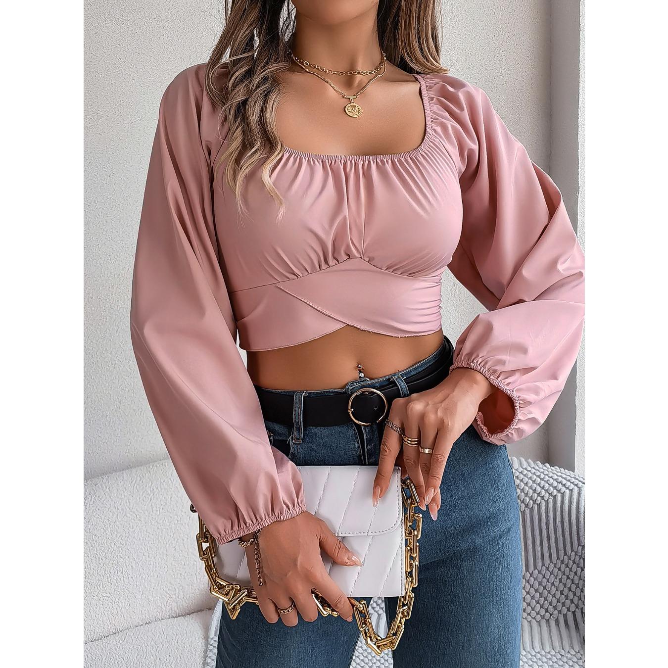 

HNXC Spring Summer Casual Lantern-sleeved, Lace-up, Waist-cinching Chiffon Blouse, Crop Top for Women XL розовый