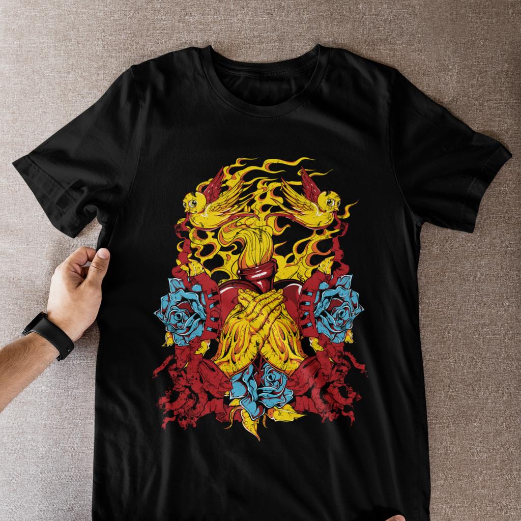 Praying Hands Sacred Heart T-Shirt Flames Birds Roses Tattoo Style Graphic