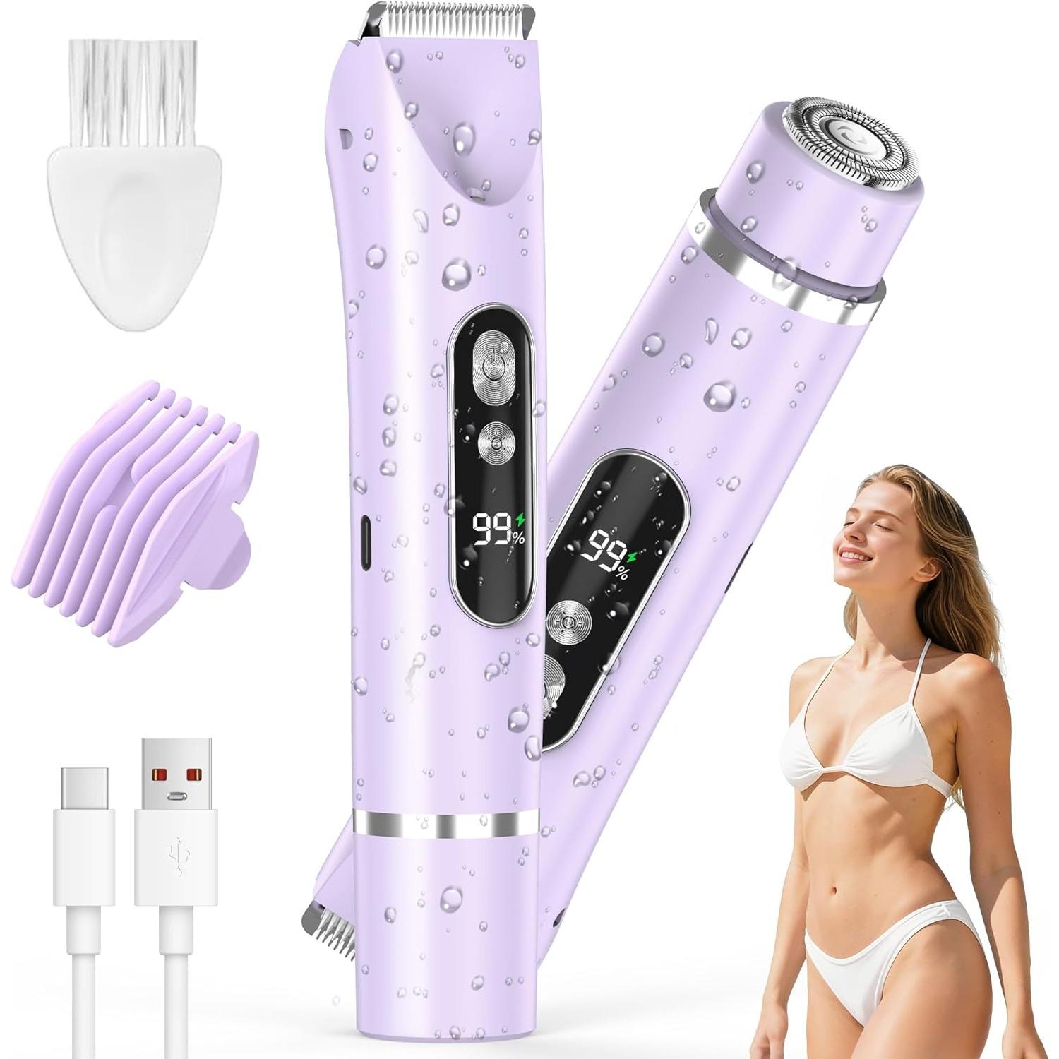 Lady Shavers for Women, 2-in-1 Electric Razor Facial Hair Remover IPX7 Waterproof & Painless Dual Head Shaver with LED Light фиолетовый