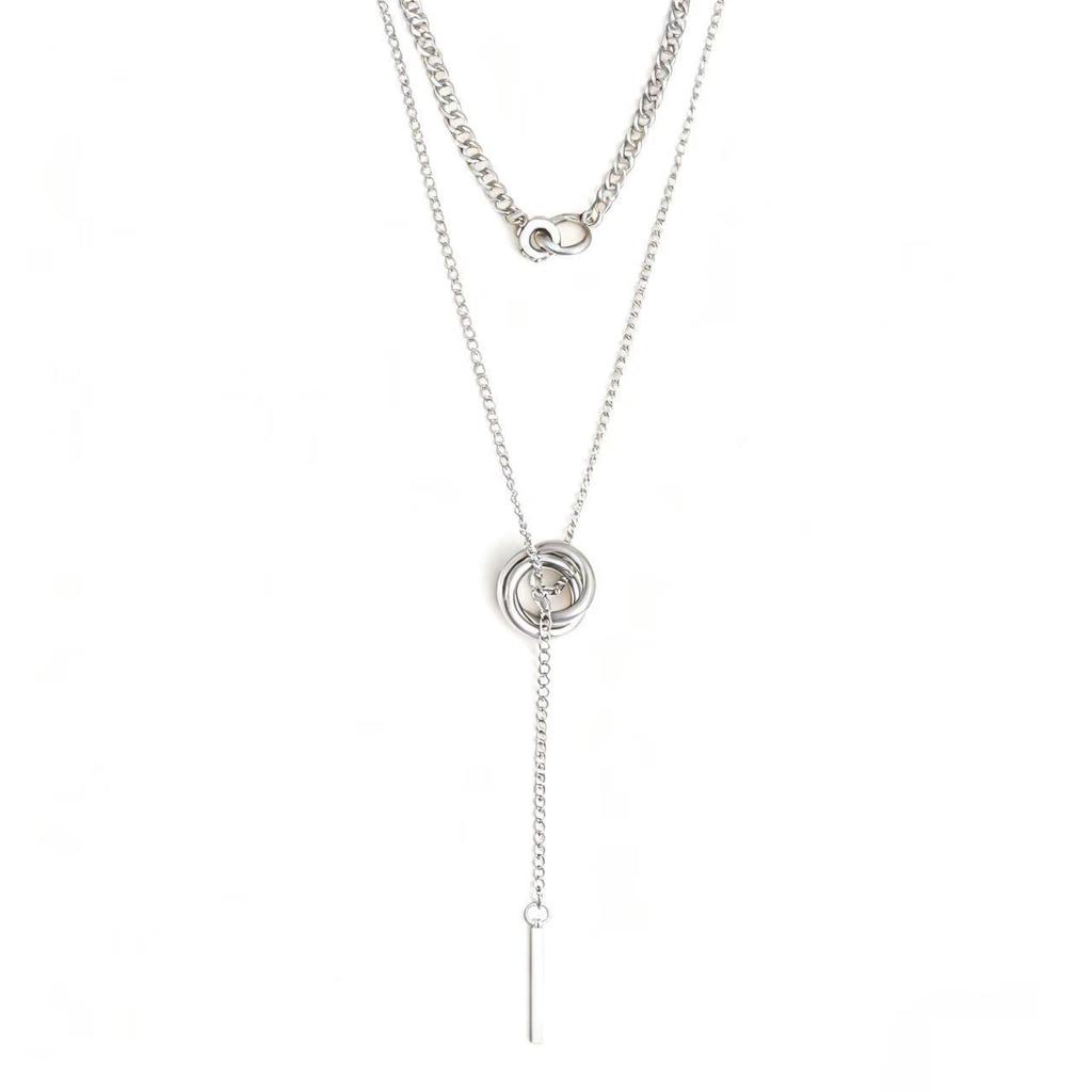 Trendy Double-Ring Pendant Tassel Necklace with Long Bar Clavicle Chain