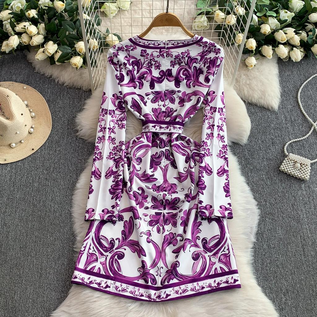 Spring Autumn Women Vintage Blue and White Porcelain Print Designer Runway Dress Full Sleeve Knee Length Party Dresses