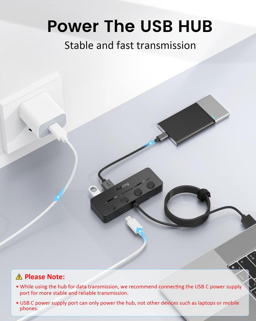 Aceele Hub USB 5 Portów USB USB Ultra Slim Hub Port Zasilania z Niezależnym Włącznikiem Typ Wkładany od Góry Lampka Kontrolna Kabel Przedłużający 5Gbps Ultra