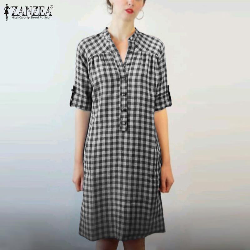 

ZANZEA Женское повседневное летнее платье в клетку с круглым вырезом и рукавами 3/4