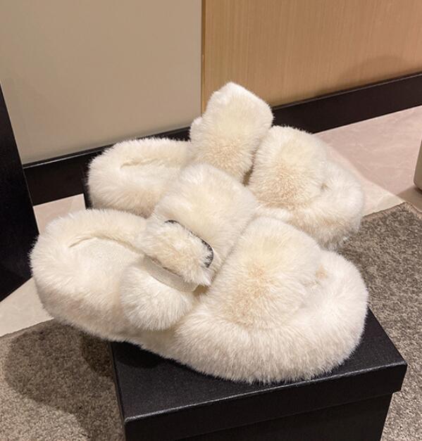Fashion Fairy Girls Fur Pantuflas Women Big Size 42/43 Shoes Winter White Wool Slides Home Flats Platform Loafers Buckle Strap Sandals