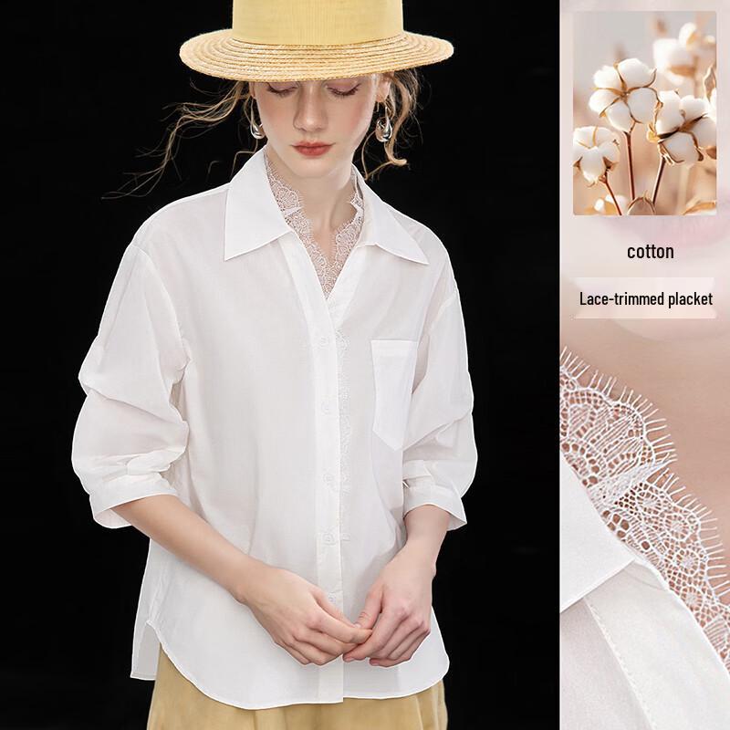 Wudao Women s Elegant French Lapel Lace Spliced Cotton Blend Blouse M