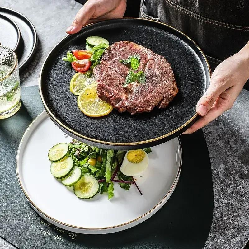 Flat Ceramic Western Dish Household 8-inch Black Non Slip Steak Plate Restaurant Commercial White Circular Pasta Tableware
