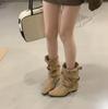 2025 New Retro Pointed Thin Boots, Belt Buckle But Knee Piling Boots Women's Thick Heel Medium Boots