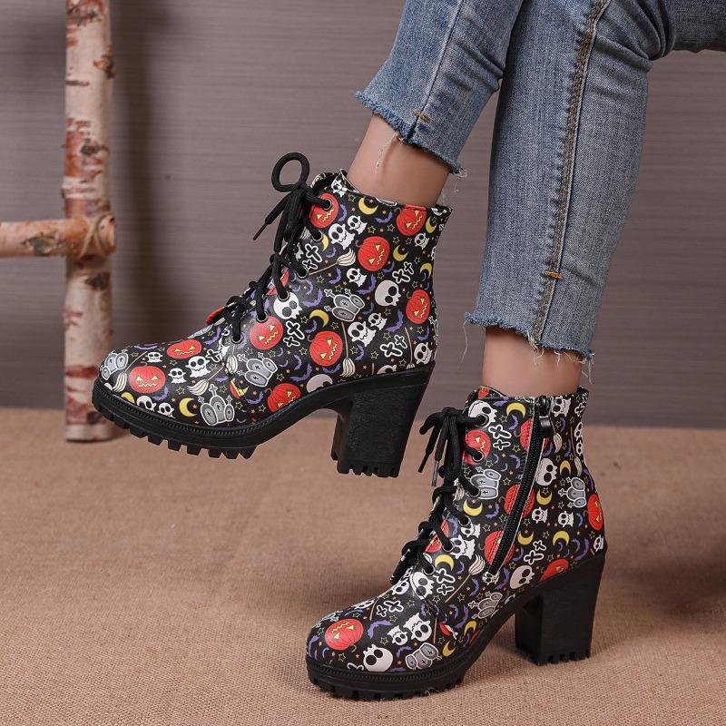 Skull thick heel short boots women wear autumn and winter new fashion high heel front lace-up fashion boots women
