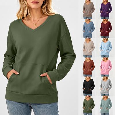 Women's Casual V-Neck Long Sleeve Pullover Sweatshirt with Pockets