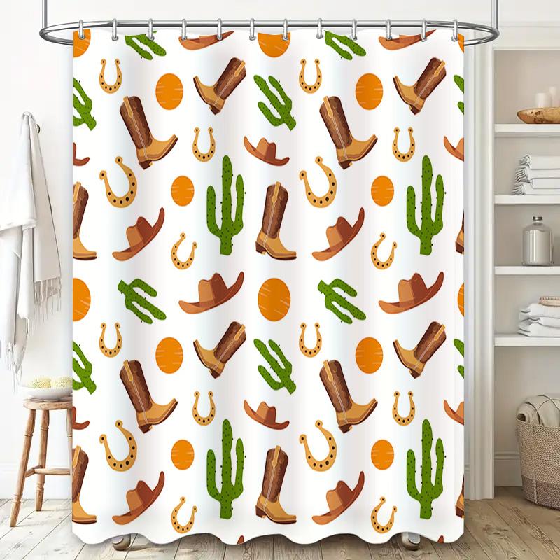 Western Style Cowboy Boots Cactus Shower Curtain Waterproof Bathroom Decor Home Textile Washable Fabric Print Pattern Wall Paper
