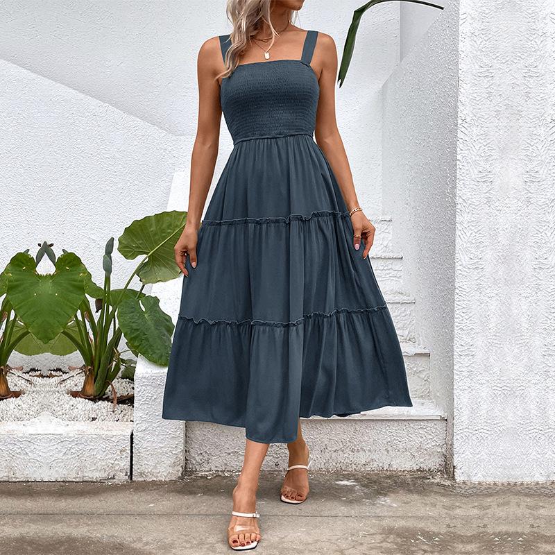 Summer Women Solid Color Strap Dress Sexy Long Ruffled