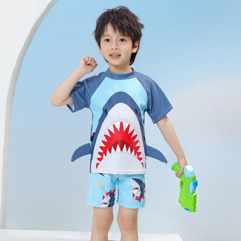 Children's Quick-Dry UPF Sun Protection Swim Set: Boys' Short-Sleeved Swimsuit and Baby Diving/Surfing Suit