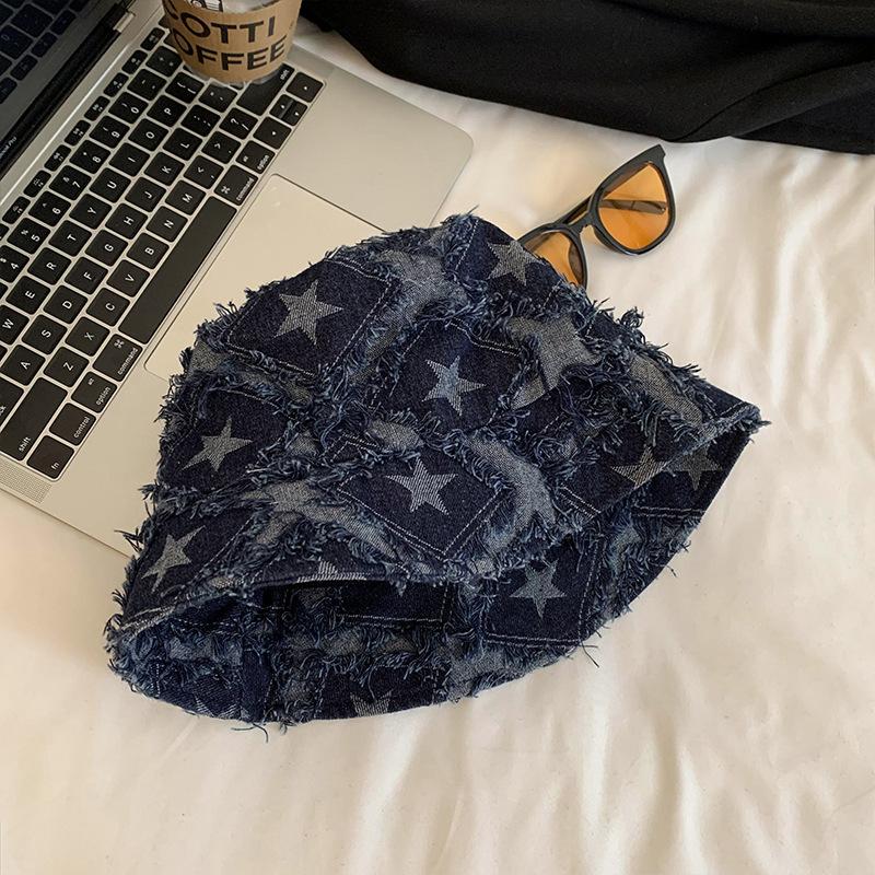 Rough Star Denim Bucket Hat Women's Blue Niche Design Sense Basin Hat Big Head Circumference Shows Face Small Bucket Hat Tide