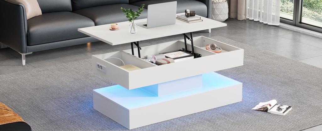 Modern Coffee Table with LED Lighting and Hidden Storage - Side Table with Hydraulic Lift, 100*50*42 cm, 50 kg Load Capacity