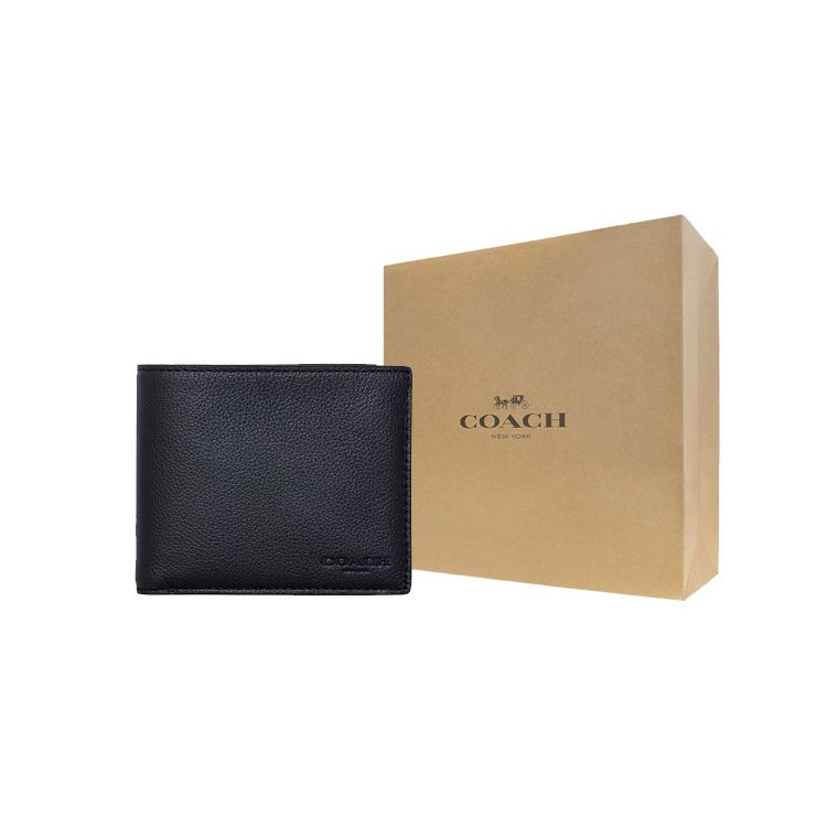 Coach Portafoglio 3 in 1 Compatto Corto con Porta Carte Staccabile Pelle con Texture a Buccia di Litchi Portafogli da Uomo Nero 74991-BLK
