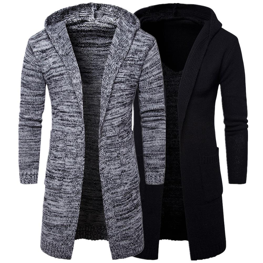 New Casual Men's Winter Warmer Solid Color Long Sleeve Pockets Thick Knitted Cardigan Hooded Coat