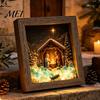 Wooden Landscape Ornament Christmas Snowy Night Light Picture Frame, Vintage Frame 3D Mini Lighted Shadow Box Lamp, Desktop Atmosphere Decor
