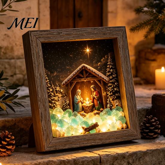 Wooden Landscape Ornament Christmas Snowy Night Light Picture Frame, Vintage Frame 3D Mini Lighted Shadow Box Lamp, Desktop Atmosphere Decor