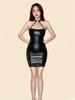 Women Lace Sheer Patchwork Pu Pencil Dresses Strapless Package Hip Halter Neck Ring Fashion Bodycon Party Maid Mini Dresses