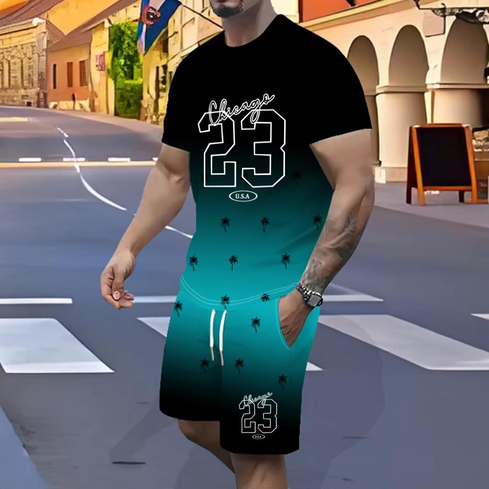 

Мужской спортивный костюм повседневный 2025 новый 3D-печать постепенный переход рукав эластичная талия подходит для занятий спортом на открытом воздухе с карманами 4XL