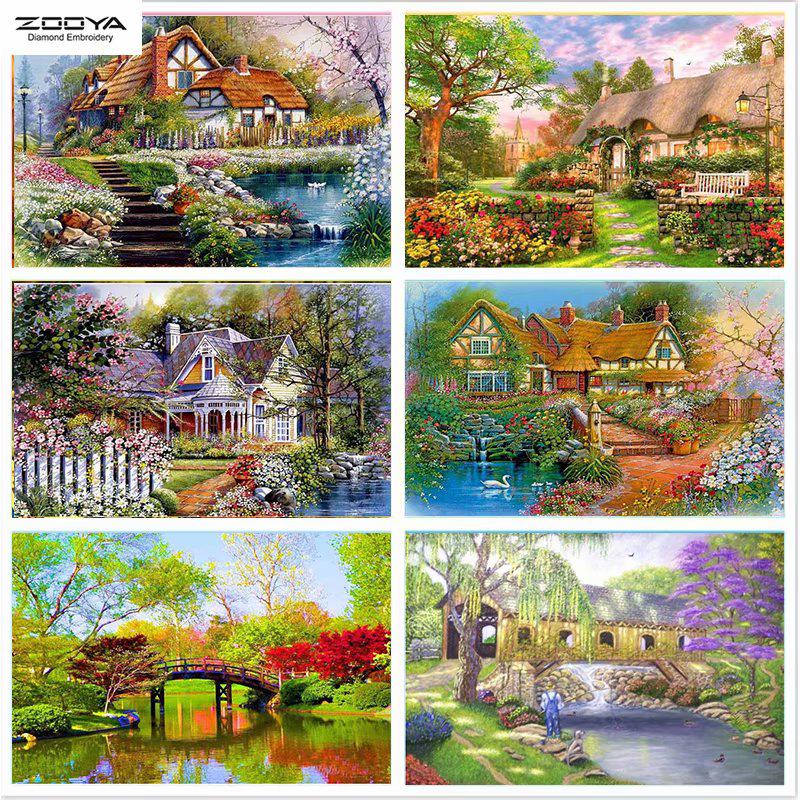 

ZOOYA 5D DIY Полный дрель Алмазная картина Дом и река Искусство Вышивка Стежок Мозаика Домашний декор Подарок