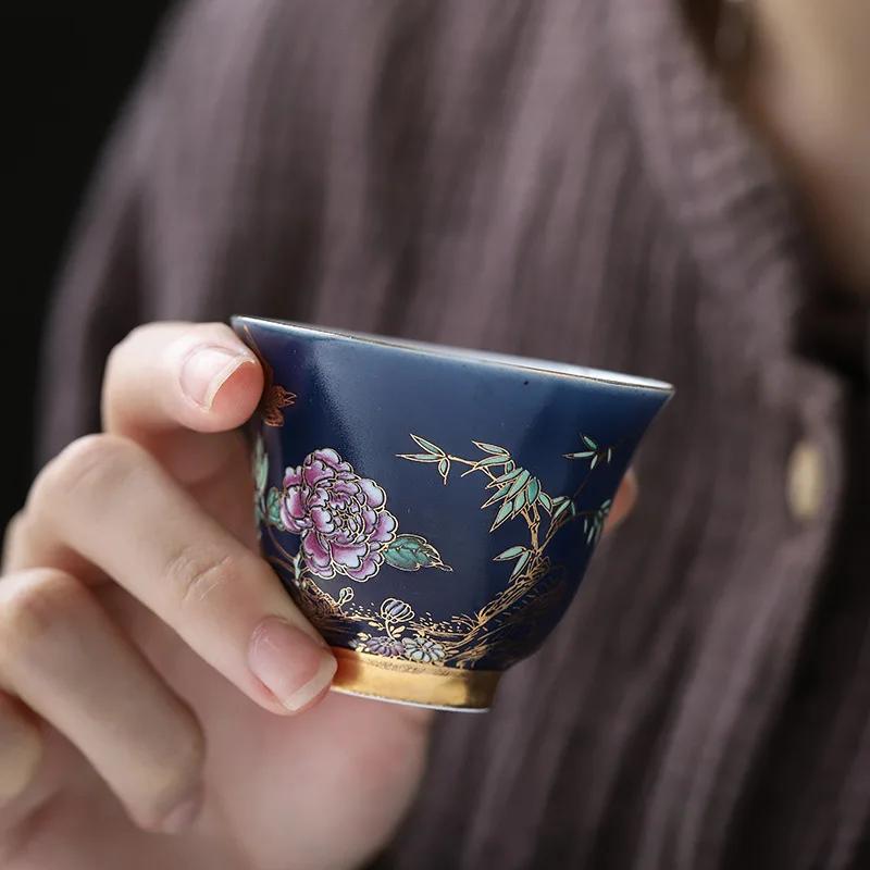 Ceramic Teacup Set Blue Gold Painted Master Cup Tea Table Accessories Kung Fu Tea Set Creative Hand-painted Teacups
