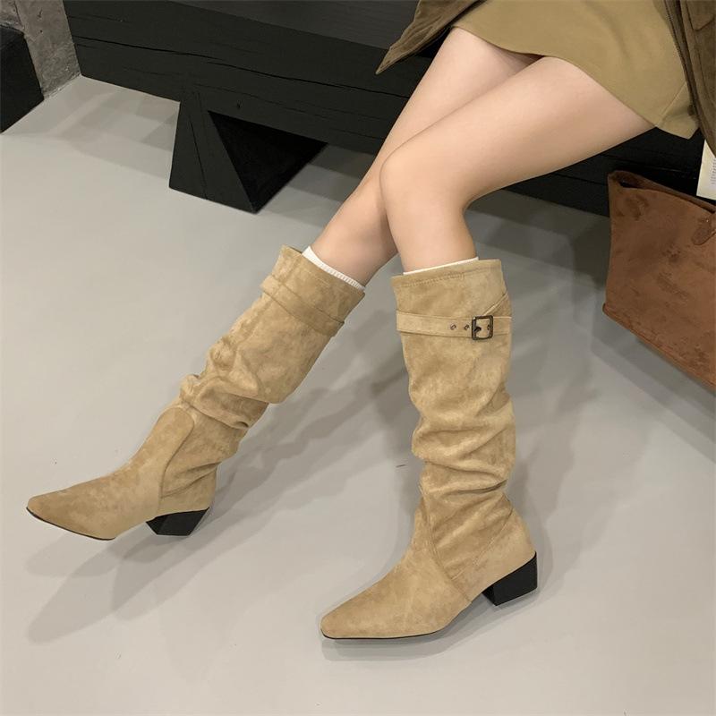 Rich and noble, pointed thick heels and thin boots, stacked boots, belt buckle, Korean pleated high-heeled boots, thin boots