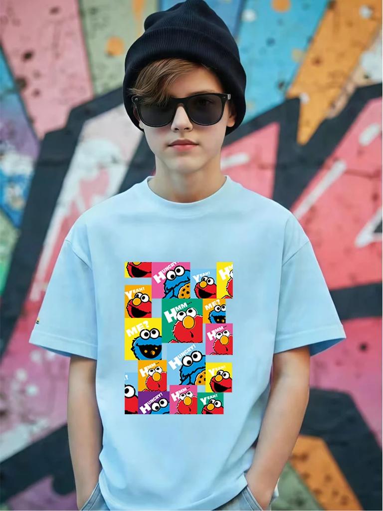 Cute Sesame Street Cartoon Short Sleeve Tee For Children Summer Casual Crewneck Top Boys Girls Age 3-14