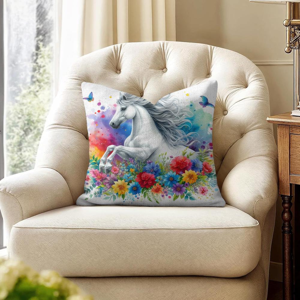 Watercolor Horse Floral Cushion Cover Natural Linen Organic Fabric DoubleSided Printing Couch Pillow Covers Home Decor