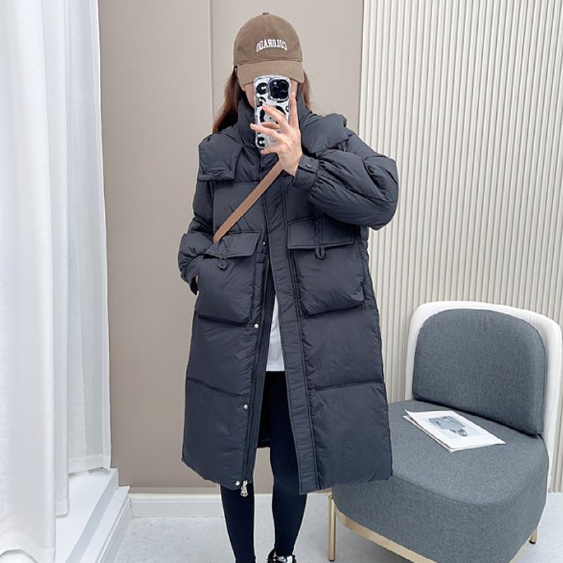 Down jacket women's medium and long knee winter new waist fashion loose thickened hooded white duck down